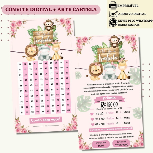 Convite Chá Rifa Safari Chá Bebê Fralda Digital + Cartela