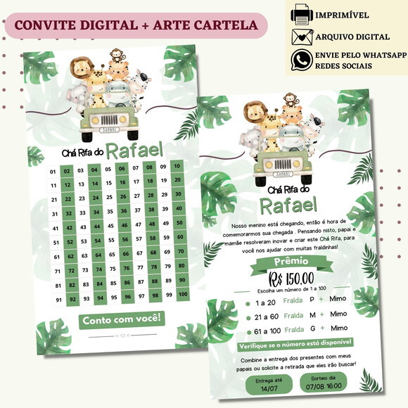 Convite Chá Rifa Safari Chá Bebê Fralda Digital + Cartela
