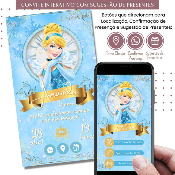 Convite Cinderela Digital Interativo Sugestão de Presente