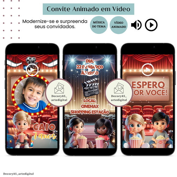 Convite Cinema Filme em Vídeo Animado com Música Digital