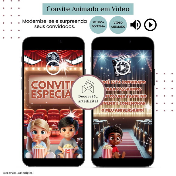 Convite Cinema Filme em Vídeo Animado com Música Digital