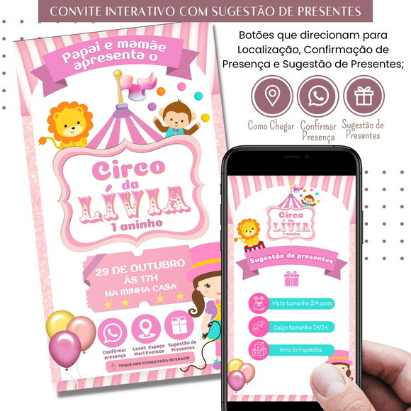 Convite Circo Rosa Digital Interativo Sugestão de Presente