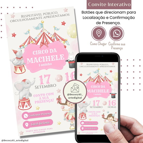 Convite Circo Rosa Digital Interativo Virtual