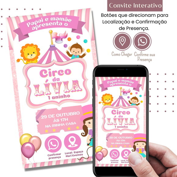 Convite Circo Rosa Digital Interativo Virtual
