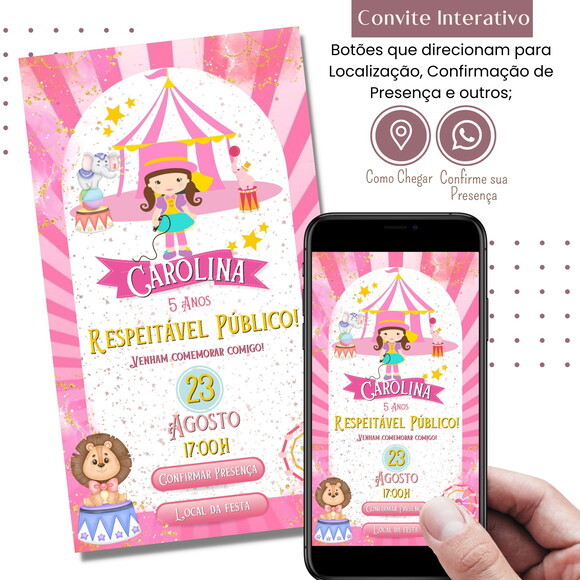 Convite Circo Rosa Digital Interativo Virtual