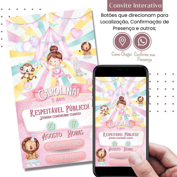 Convite Circo Rosa Digital Interativo Virtual