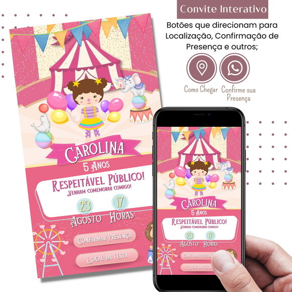 Convite Circo Rosa Digital Interativo Virtual