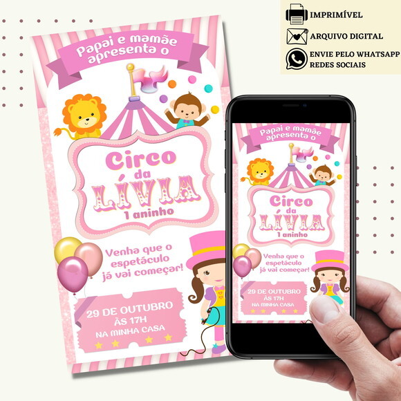Convite Circo Rosa Digital Virtual