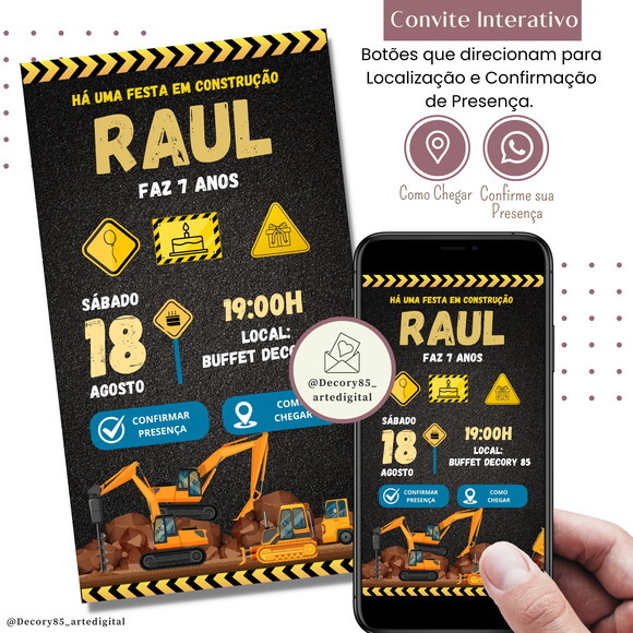Convite Construção Trator Digital Interativo Virtual