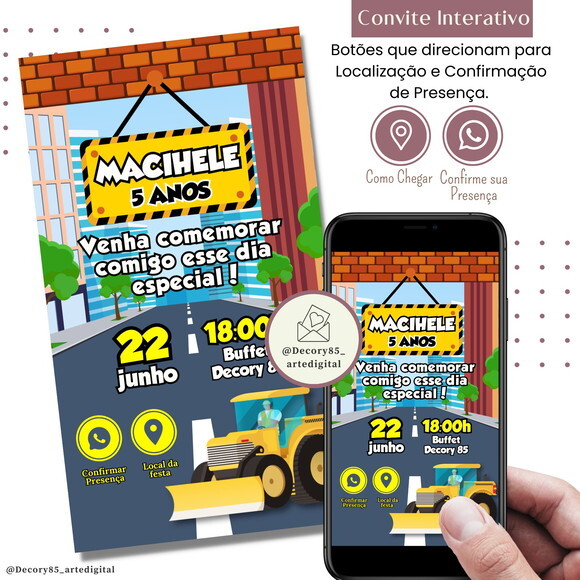 Convite Construção Trator Digital Interativo Virtual