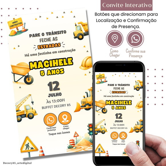 Convite Construção Trator Digital Interativo Virtual