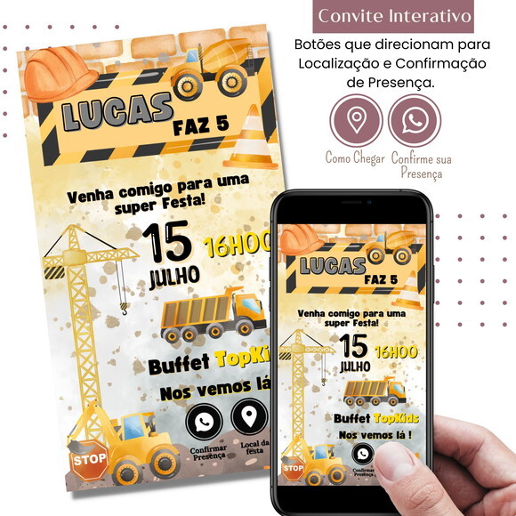 Convite Construção Trator Digital Interativo Virtual