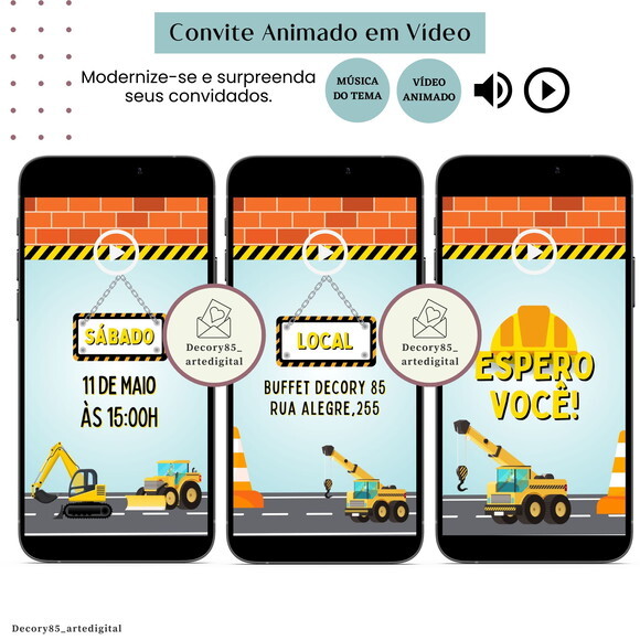 Convite Construção Trator Vídeo Animado com Música Digital