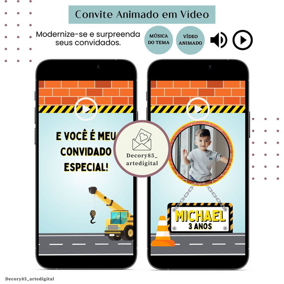 Convite Construção Trator Vídeo Animado com Música Digital