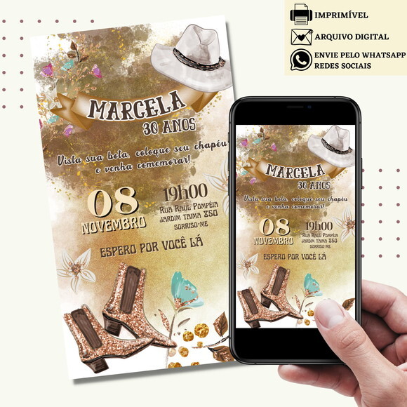 Convite Cowgirl Country Sertanejo Digital Virtual