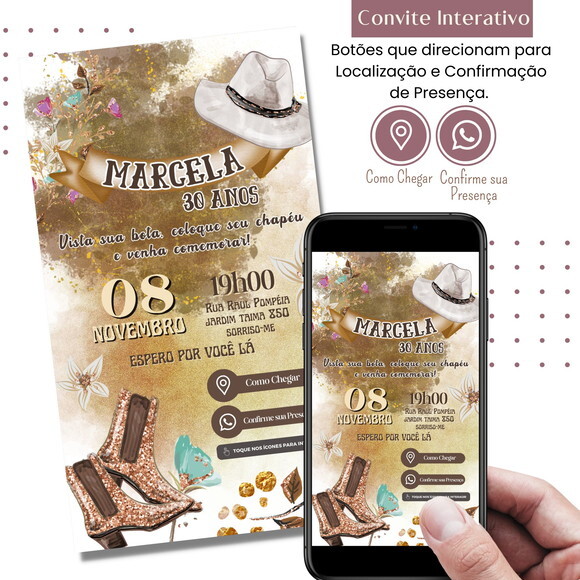 Convite Cowgirl Country Sertanejo Digital Virtual Interativo