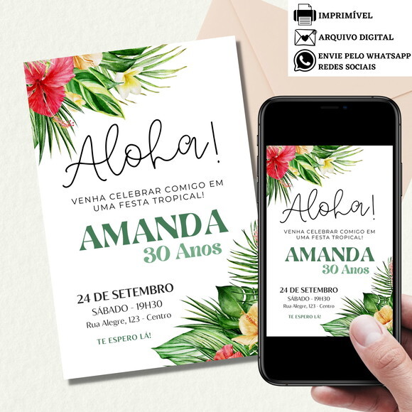 Convite Digital Adulto Havai Tropical 15,20,30,40,50 Anos