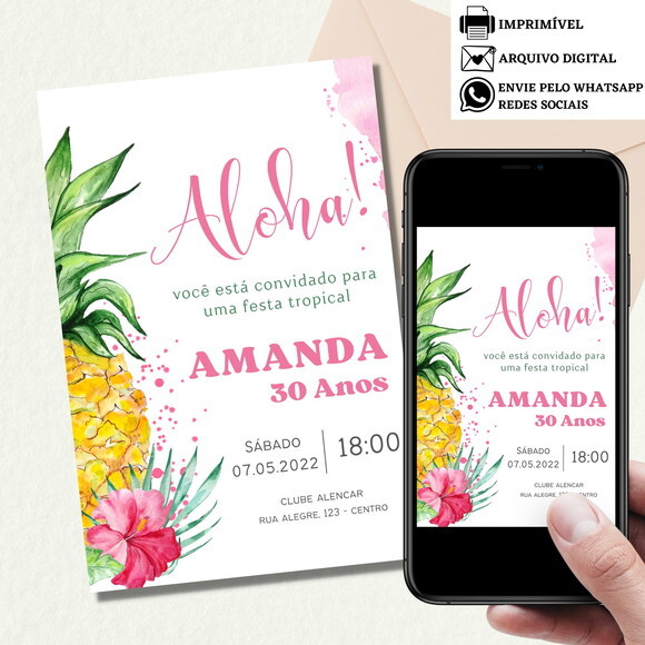 Convite Digital Adulto Havai Tropical 15,20,30,40,50 Anos