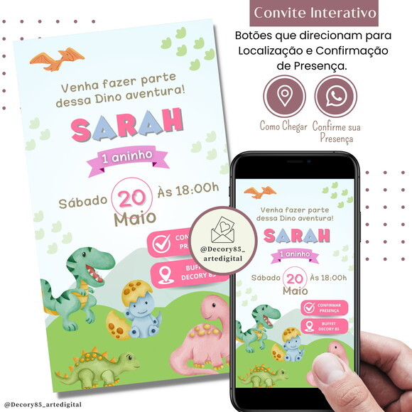 Convite Dino Baby Dinossauros Digital Interativo Virtual