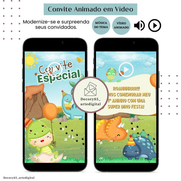Convite Dino Baby em Vídeo Animado com Música Digital