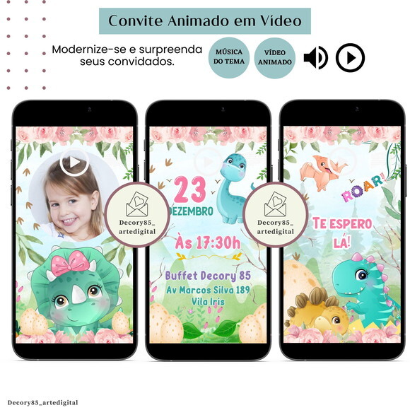 Convite Dino Baby em Vídeo Animado com Música Digital