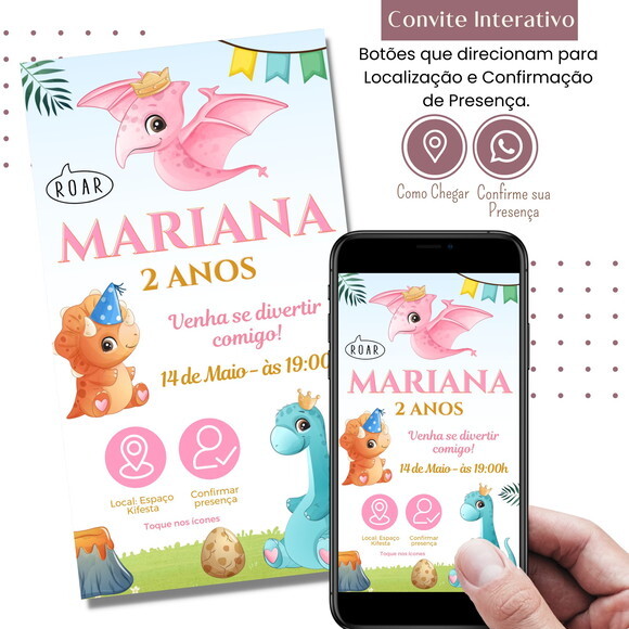 Convite Dino Baby Rosa Dinossauros Digital Interativo