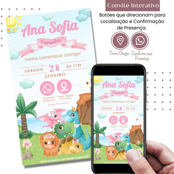Convite Dino Baby Rosa Dinossauros Digital Interativo