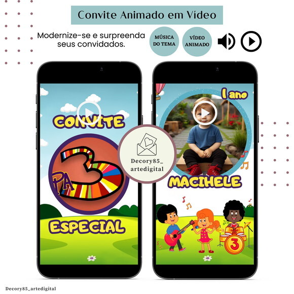 Convite em Vídeo 3 Palavrinhas Animado com Música Digital