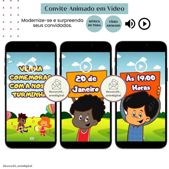 Convite em Vídeo 3 Palavrinhas Animado com Música Digital