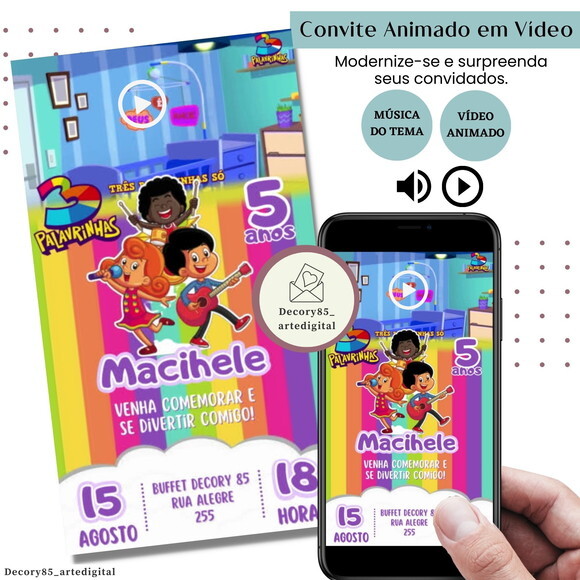 Convite em Vídeo 3 Palavrinhas Animado com Música Digital