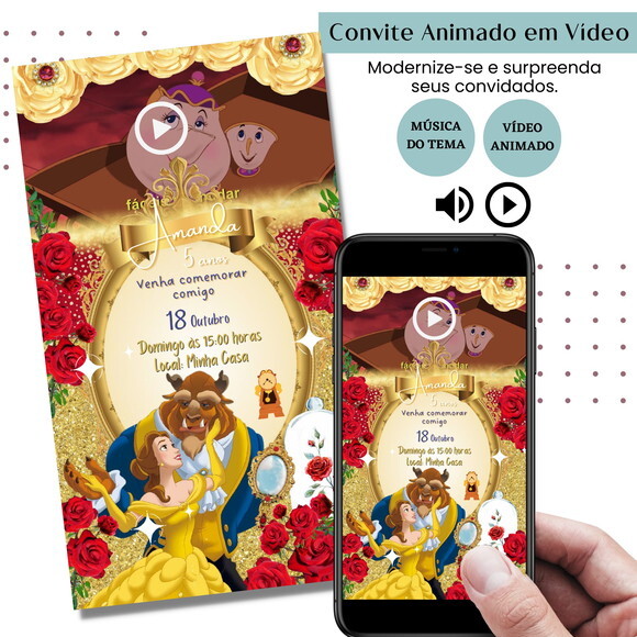 Convite em Vídeo a Bela e a Fera Animado com Música Digital