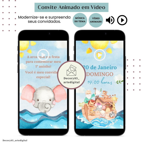 Convite em Vídeo Arca de Noé Animado com Música Digital