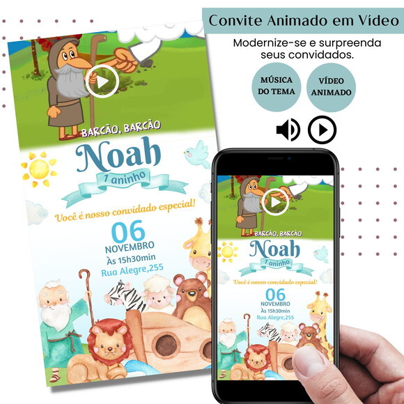 Convite em Vídeo Arca de Noé Animado com Música Digital
