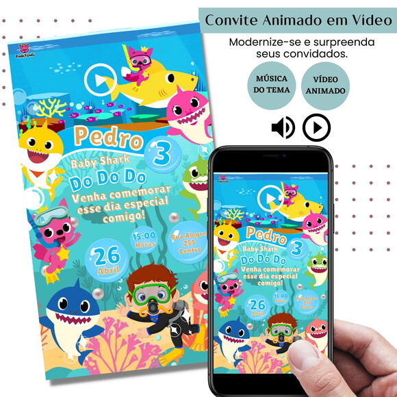 Convite em Vídeo Baby Shark Animado com Música Digital