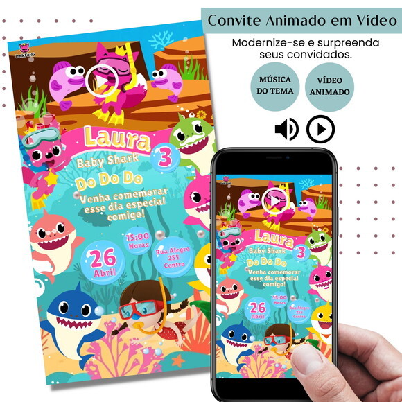 Convite em Vídeo Baby Shark Animado com Música Digital
