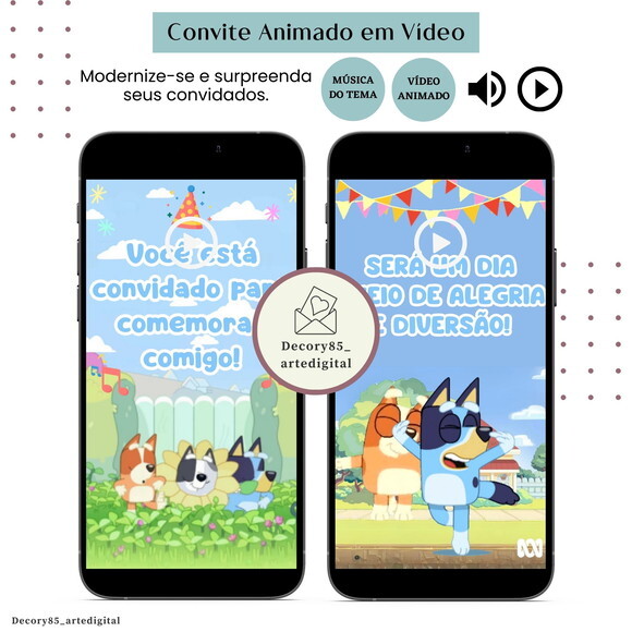 Convite em Vídeo Bluey Animado com Música Digital