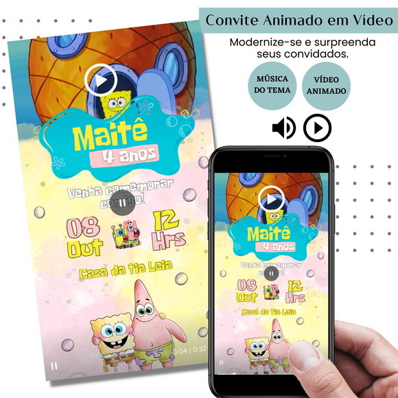 Convite em Vídeo Bob Esponja Animado com Música Digital