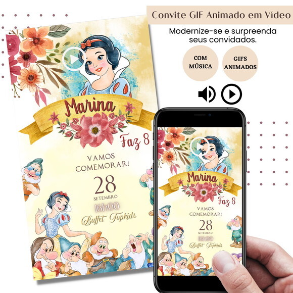 Convite em Vídeo Branca de Neve Animado Gif Música Digital
