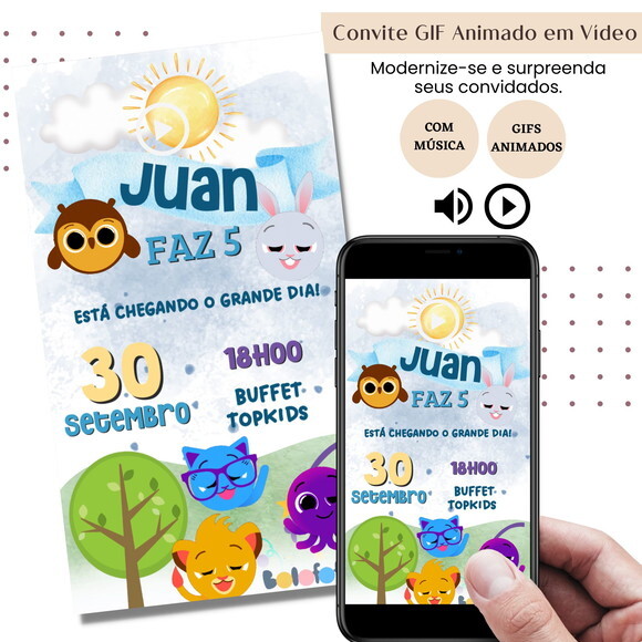 Convite em Vídeo Bolofofos Animado Gif com Música Digital