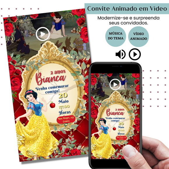 Convite em Vídeo Branca de Neve Animado com Música Digital