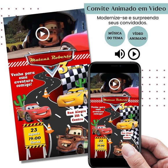 Convite em Vídeo Carros Mcqueen Animado com Música Digital