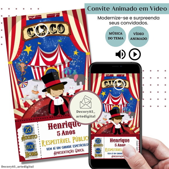 Convite em Vídeo Circo Animado com Música Digital