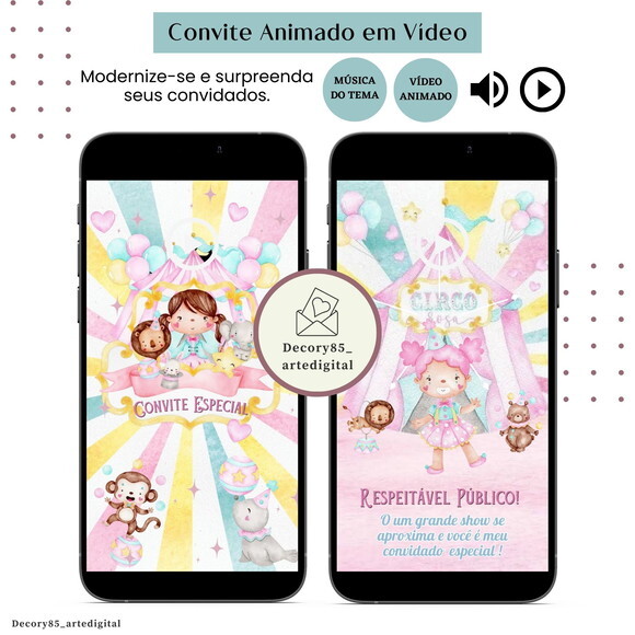 Convite em Vídeo Circo Rosa Animado com Música Digital