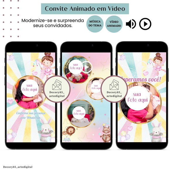 Convite em Vídeo Circo Rosa Animado com Música Digital
