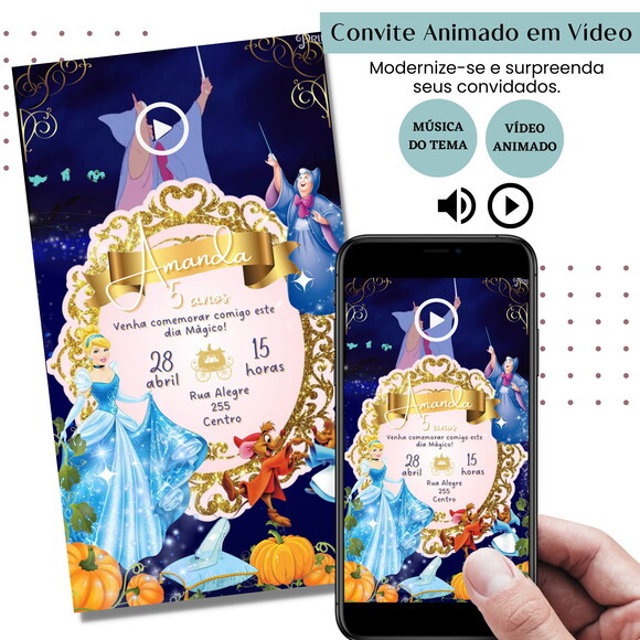 Convite em Vídeo Cinderela Animado com Música Digital