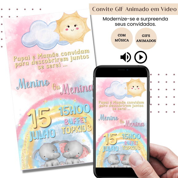 Convite em Vídeo Chá Revelação Animado Gif Música Digital
