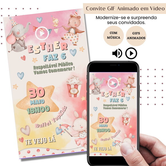 Convite em Vídeo Circo Rosa Animado Gif com Música Digital