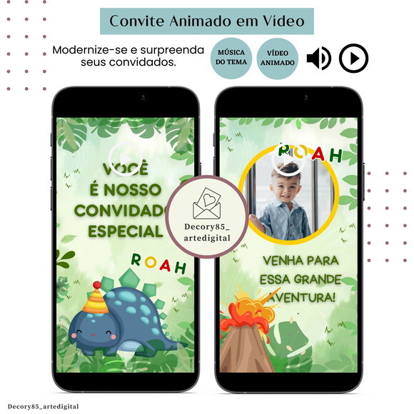Convite em Vídeo Dino Baby Animado com Música Digital