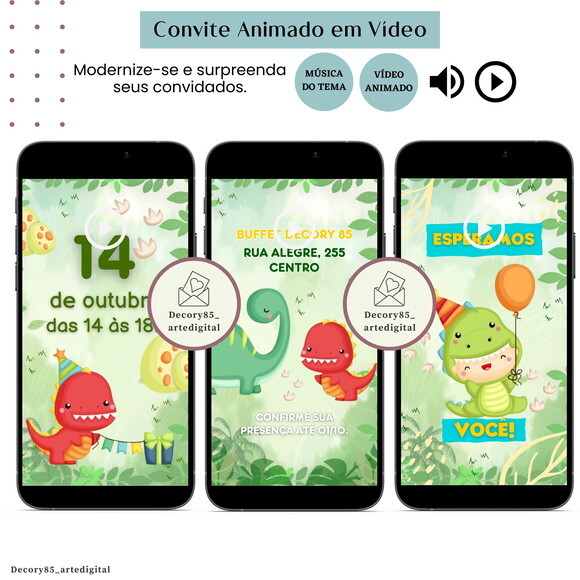 Convite em Vídeo Dino Baby Animado com Música Digital