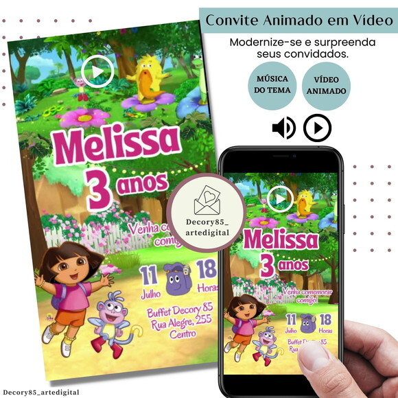 Convite em Vídeo Dora, a Aventureira Animado Música Digital